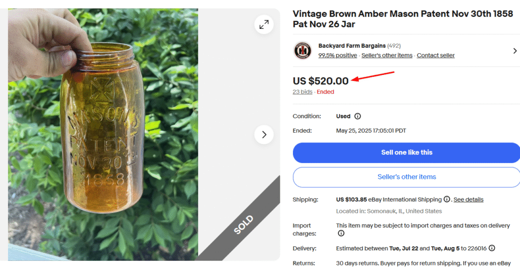 Vintage Brown Amber Mason's Patent Jar