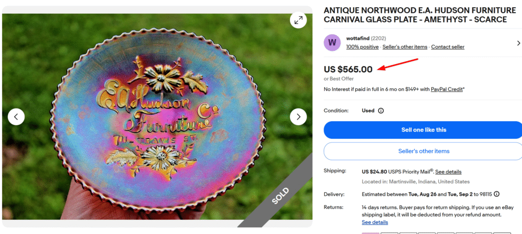 Northwood E.A. Hudson Furniture Carnival Glass Plate