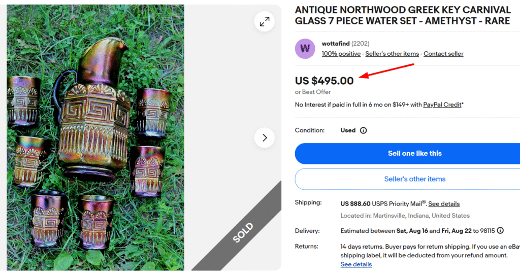 Northwood Greek Key Amethyst Carnival Glass Water Set