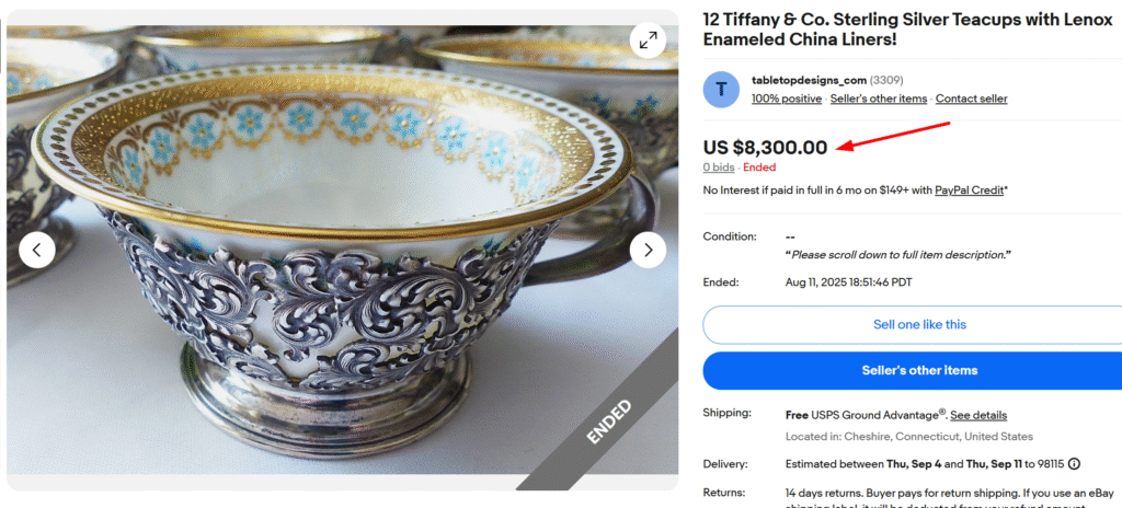 Tiffany & Co. Silver Tea Cups with Lenox China Liners