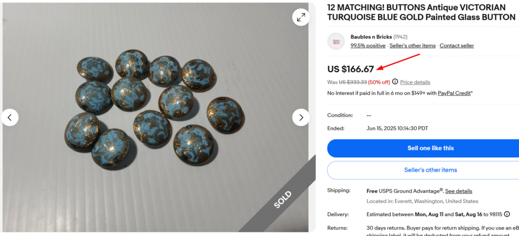 Victorian Turquoise Blue Gold Painted Glass Buttons