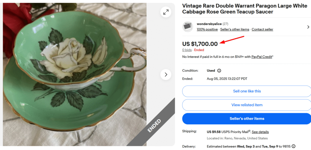 White Cabbage Rose Green Teacup by Paragon