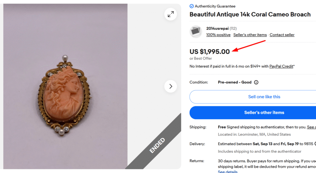 14K Gold Coral Cameo Brooch