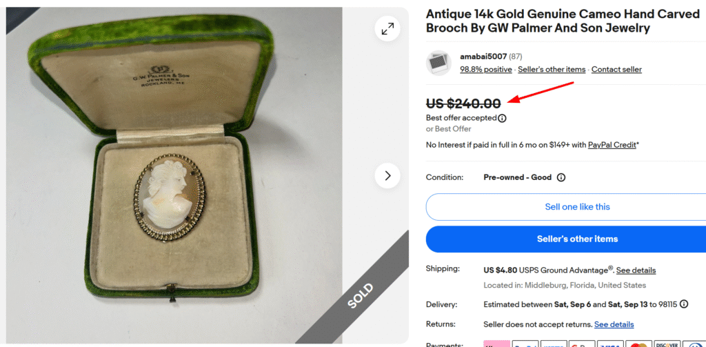 14K Gold Hand Carved Cameo Brooch By GW Palmer And Son Jewelry