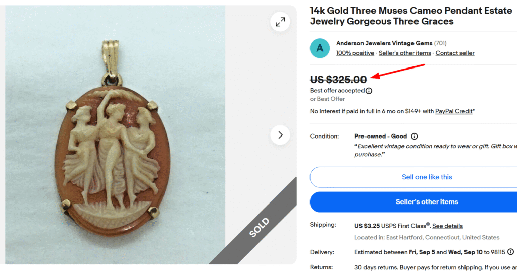 14K Gold Three Muses Cameo Pendant
