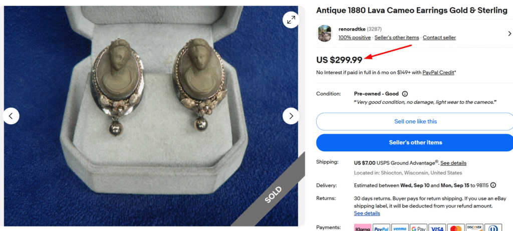 Antique Lava Cameo Gold & Sterling Earrings