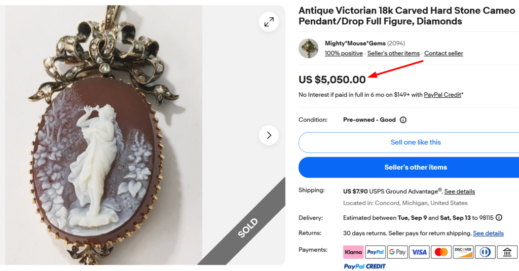 Victorian 18K Diamond Carved Hard Stone Cameo Pendant