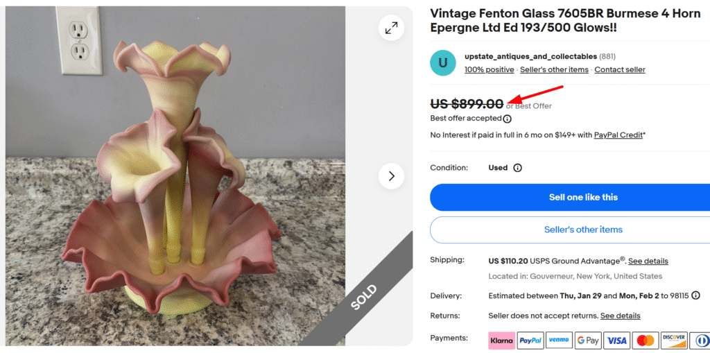 Fenton Burmese milk Glass Epergne