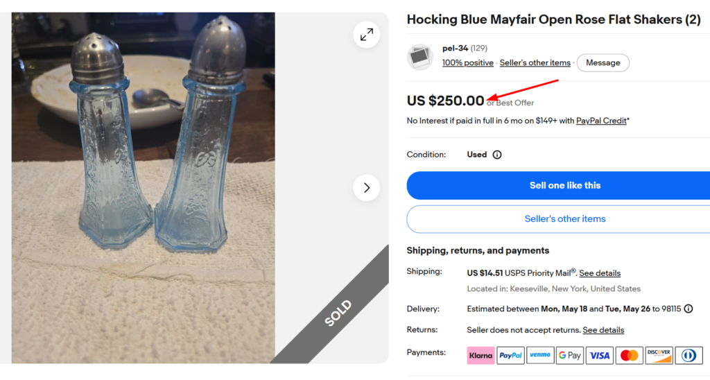 Anchor Hocking Blue Mayfair Rose Flat Shakers