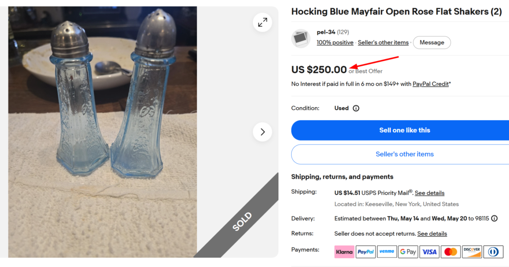 Anchor Hocking Blue Mayfair Rose Shakers