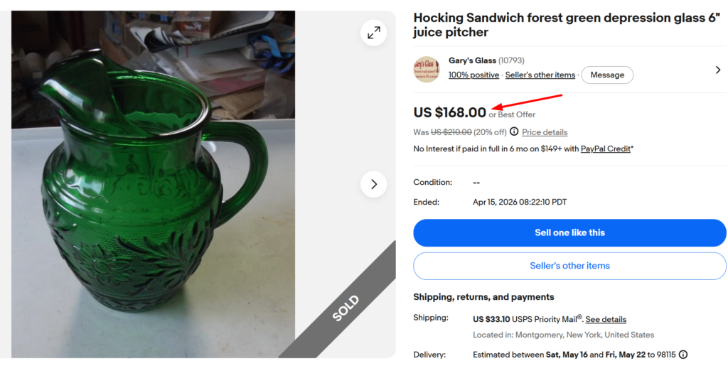 Anchor Hocking Forest Green Sandwich Pitcher