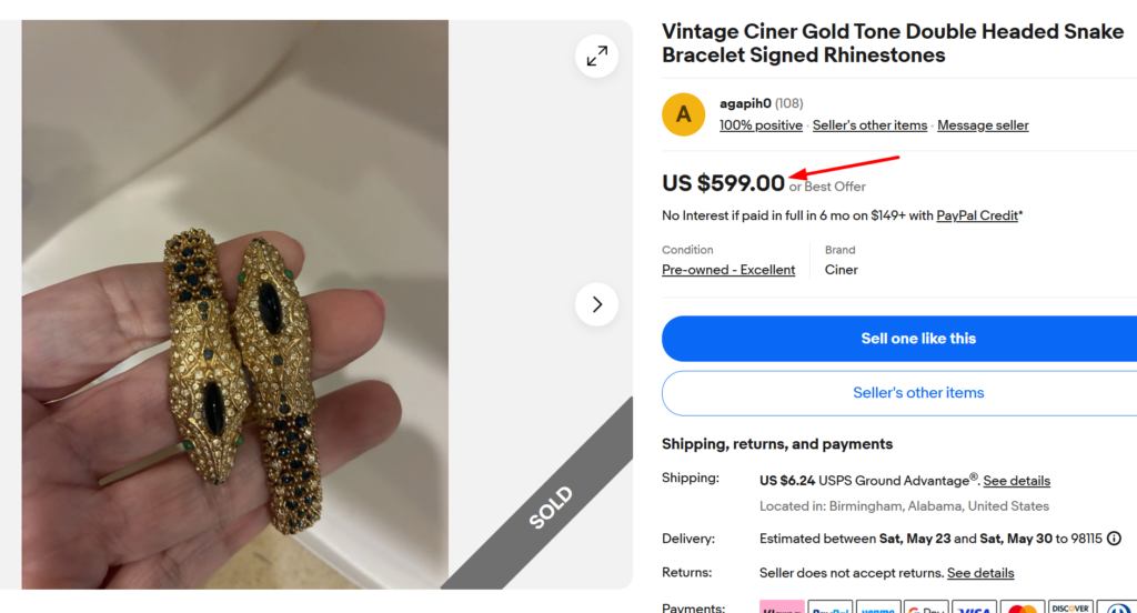 Ciner Gold Tone Double Headed Snake Bracelet