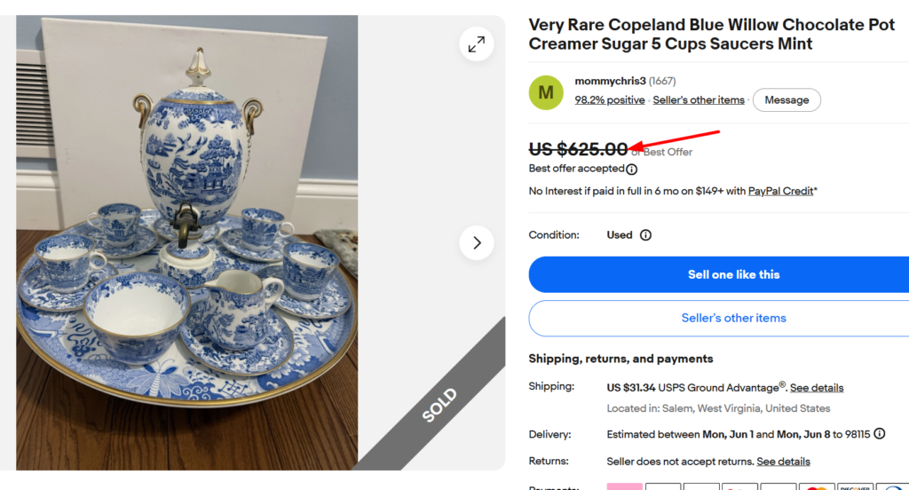 Copeland Blue Willow Chocolate Pot, Creamer & Cups