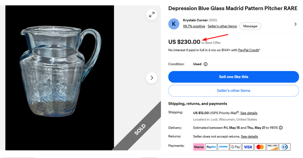 Federal Glass Blue Madrid Pitcher