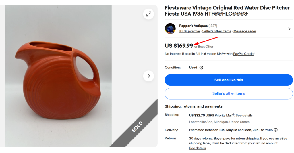 Fiestaware Original Red Disk Water Pitcher