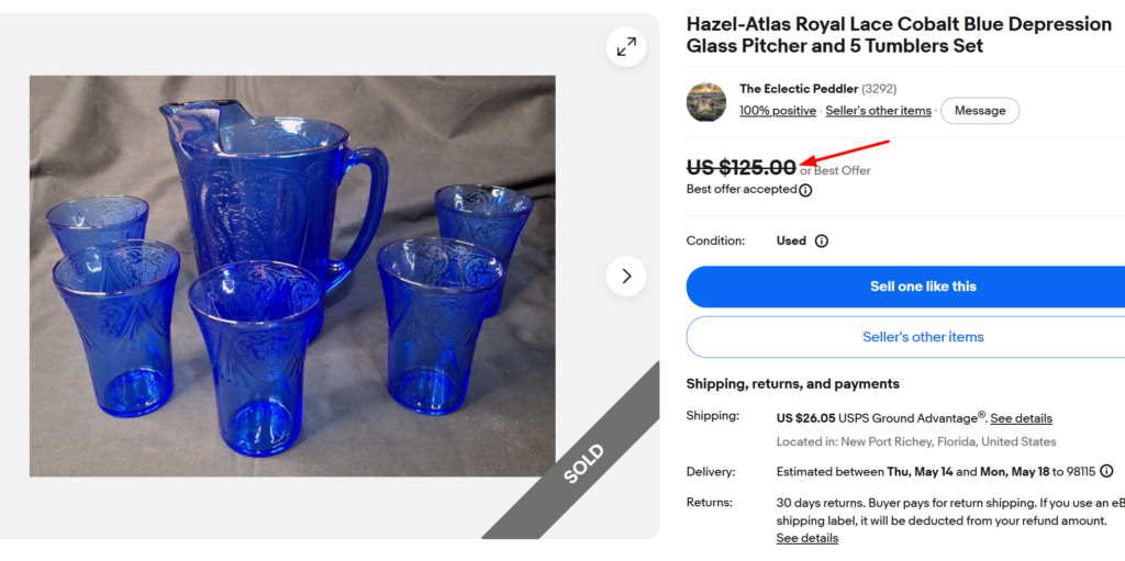 Hazel Atlas Royal Lace Cobalt Blue Glass Pitcher and Tumblers