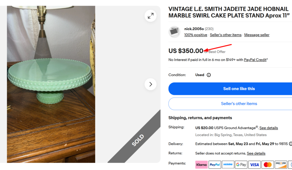 L.E. Smith Jadeite Hobnail Cake Stand