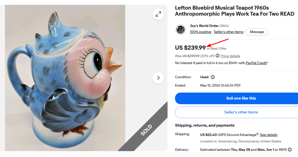 Lefton Anthropomorphic Bluebird Musical Teapot