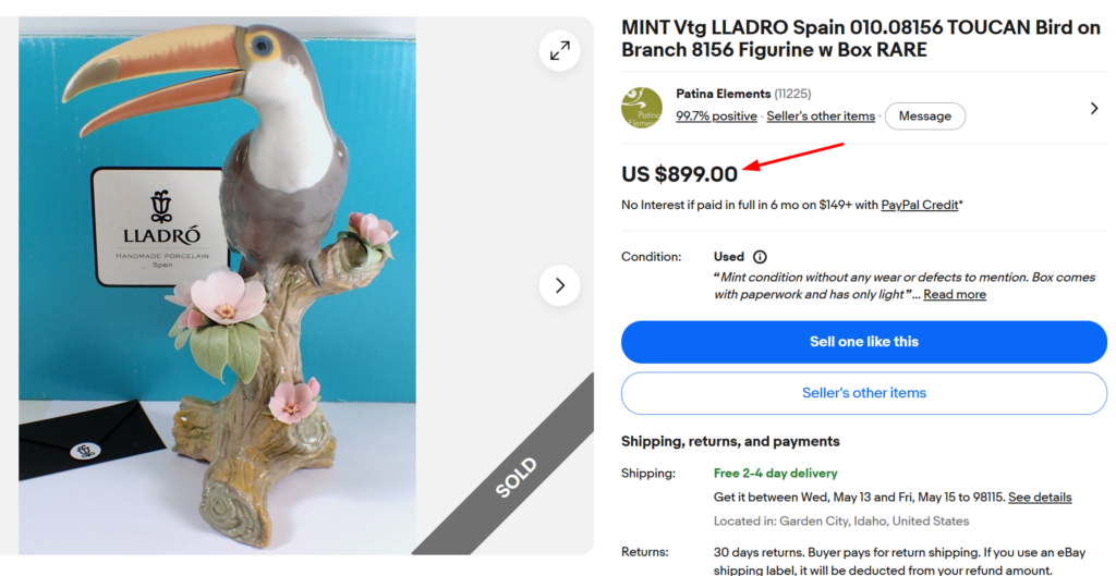 Lladro Spain Toucan Bird on Branch Figurine