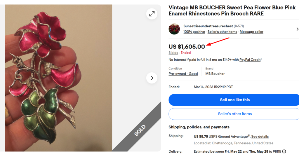 MB Boucher Sweet Pea Floral Enamel Brooch