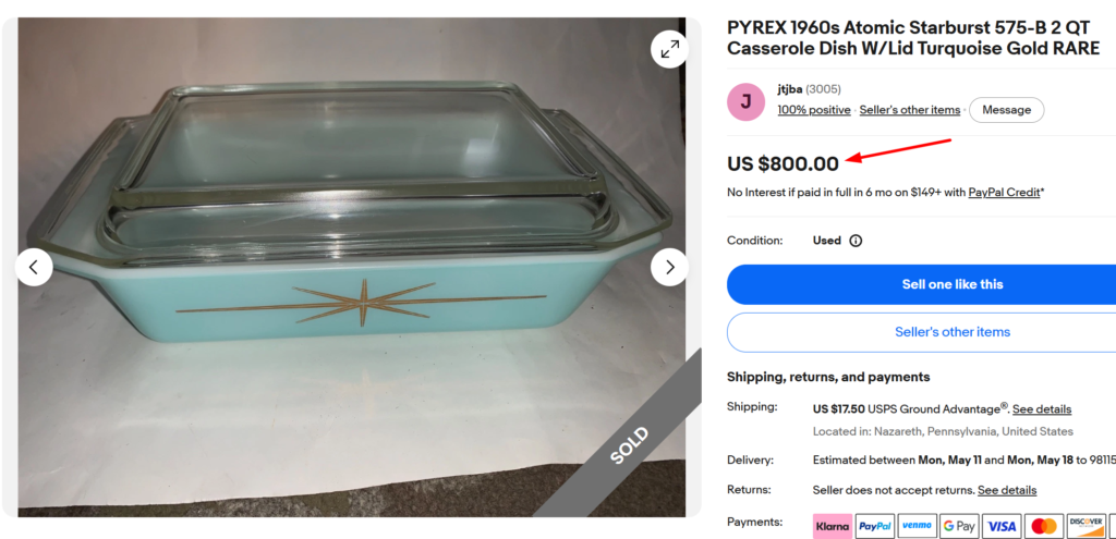 Pyrex Turquoise Gold Atomic Starburst Casserole Dish