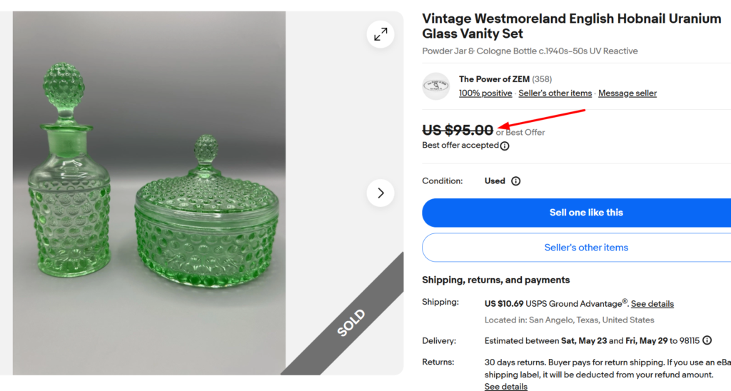 Westmoreland English Hobnail Uranium Glass Vanity Set
