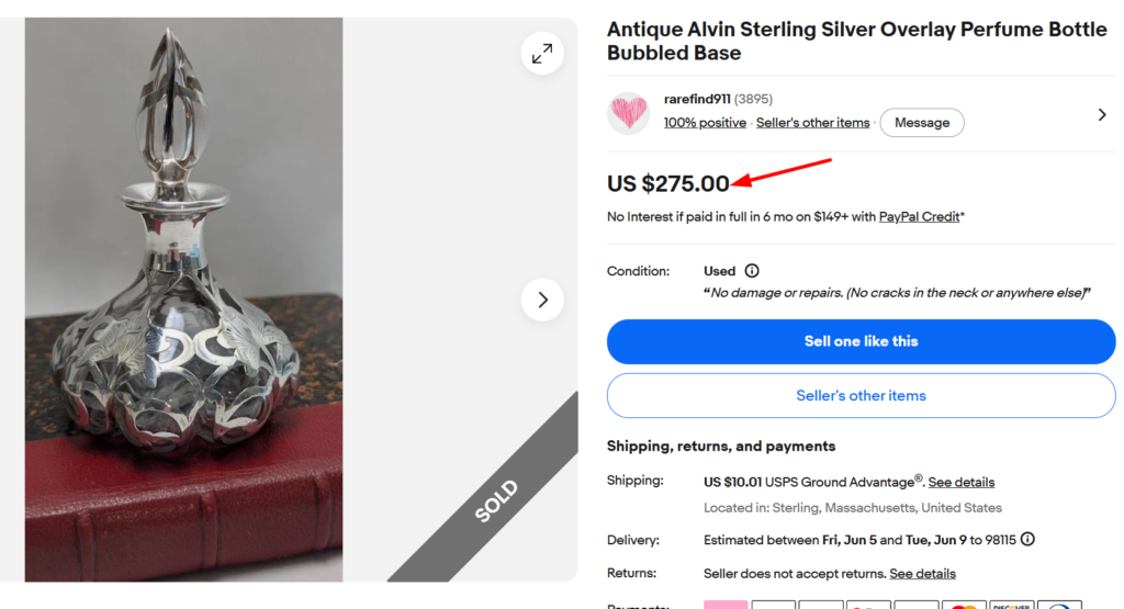 Alvin Sterling Silver Overlay Perfume Bottle Bubbled Base