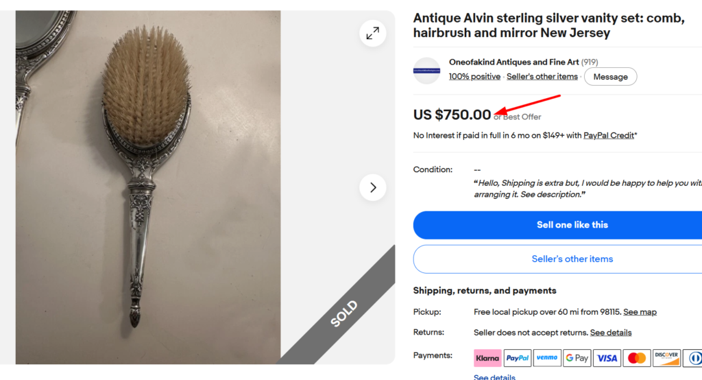 Antique Alvin Sterling Silver Hairbrush Set
