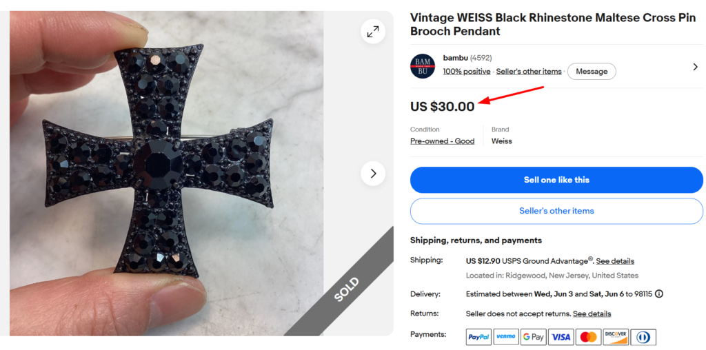 Weiss Black Diamond Rhinestone Brooch