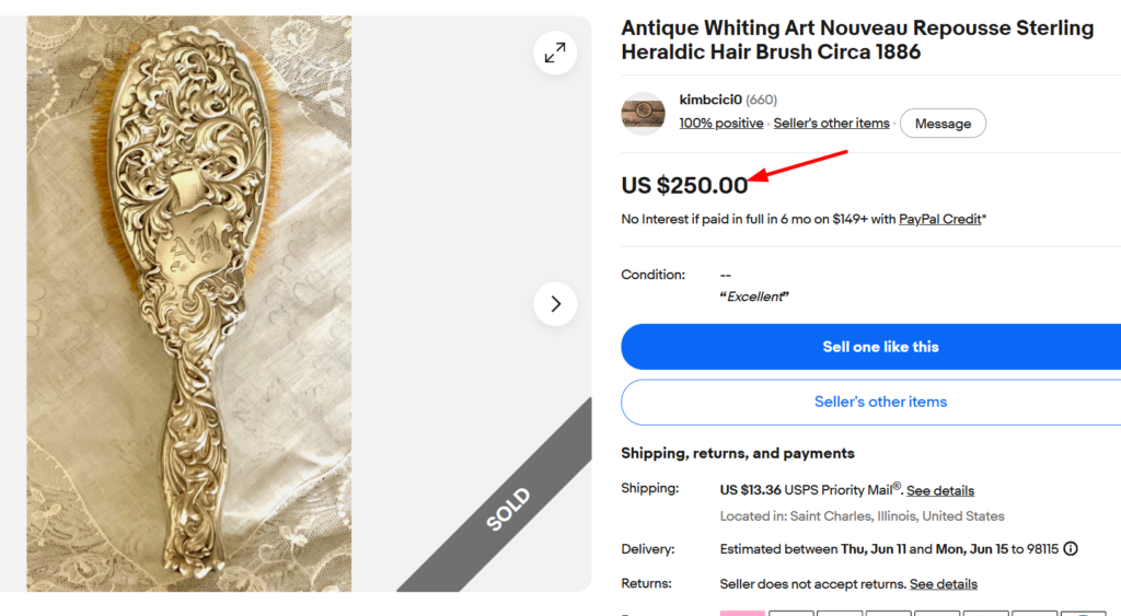 Whiting Art Nouveau Repousse Sterling Heraldic Brush