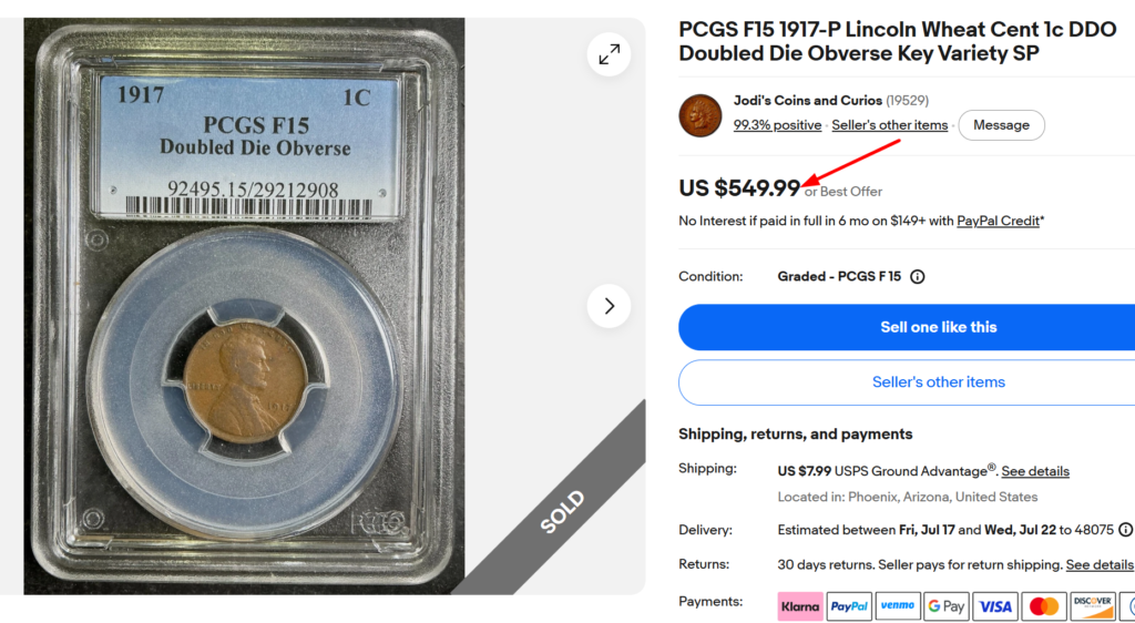 1917 Doubled Die Obverse Wheat Penny