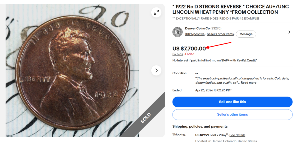 1922 No D Strong Reverse Wheat Penny
