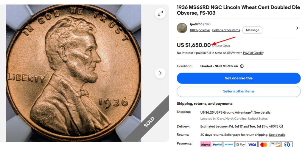 1936 Doubled Die Obverse Wheat Penny