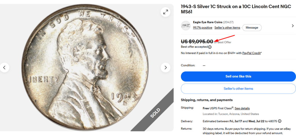 1943-S Silver 1C Struck on a 10C Cent