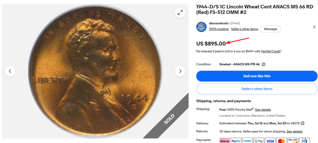 1944-DS Overmintmark Wheat Penny