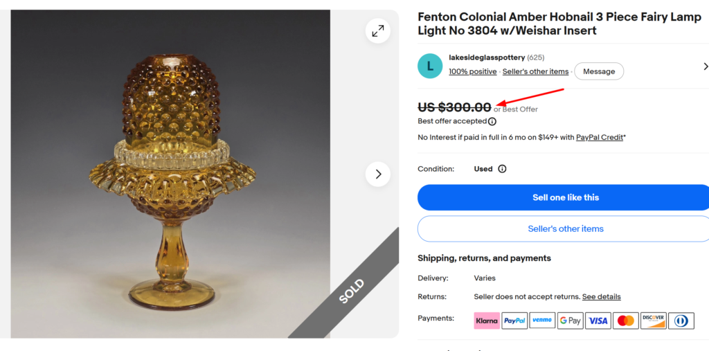 Fenton Amber Hobnail Fairy Lamp