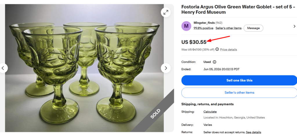 Fostoria Argus Olive Green Goblet Set