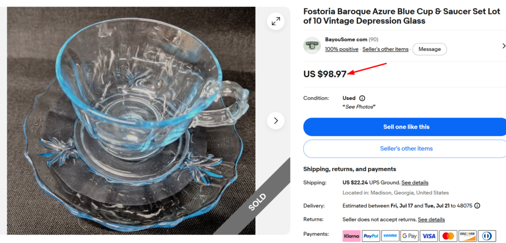 Fostoria Baroque Azure Blue Cups