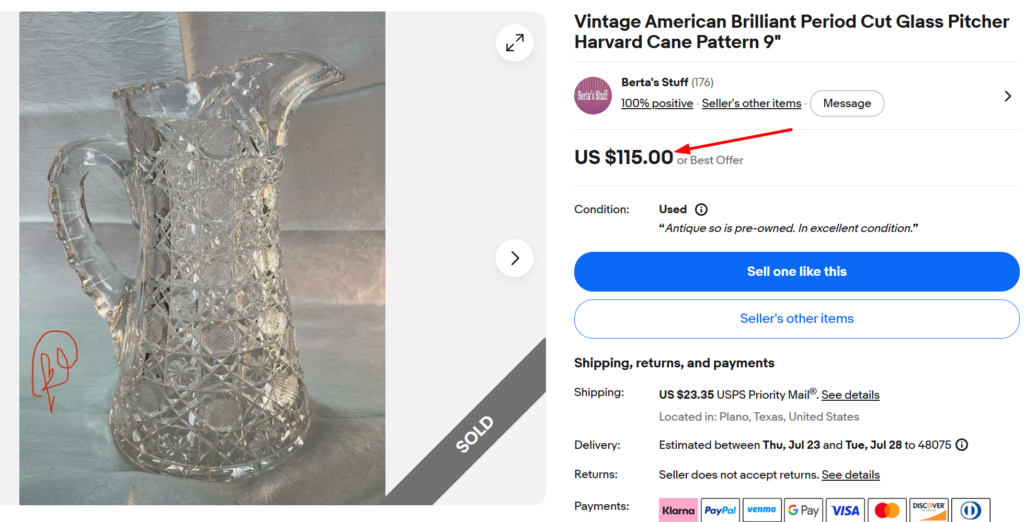 Harvard Pattern Cut Glass Pitcher