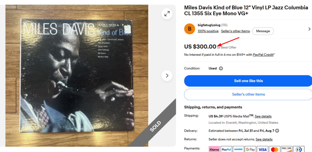 Miles Davis Kind of Blue Columbia CL 1355 Six-Eye Mono Vinyl