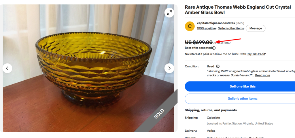 Thomas Webb England Cut Crystal Amber Bowl