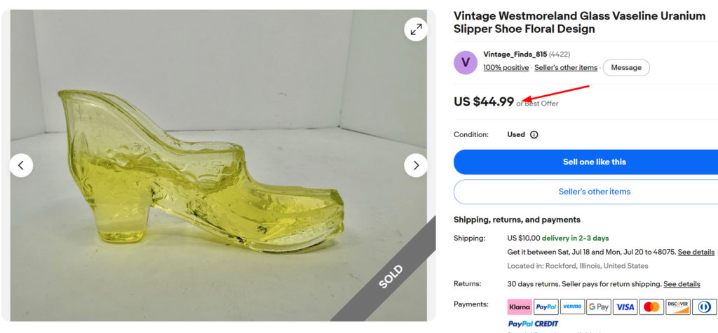 Westmoreland Uranium Vaseline Glass Slipper