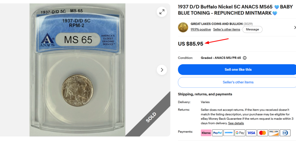 1937 D-D Buffalo Nickel
