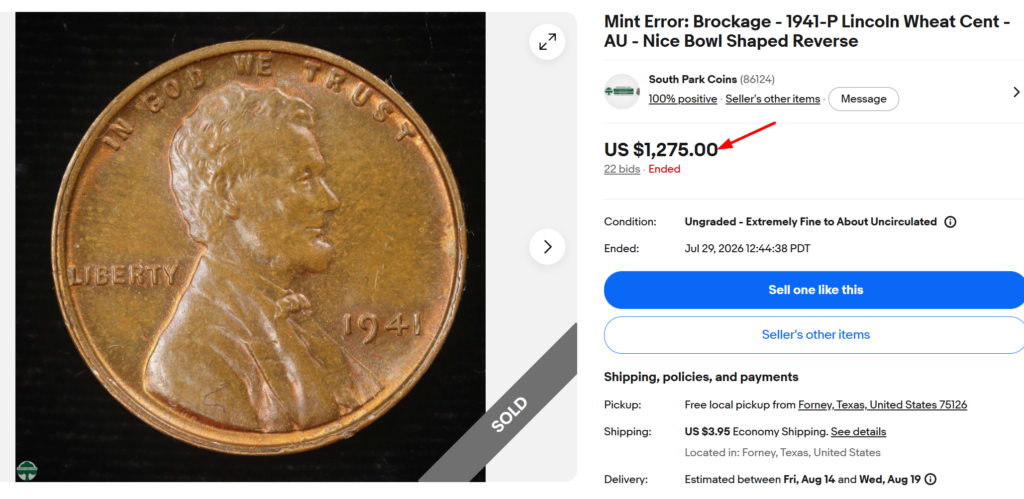 1941 Wheat Penny Brockage