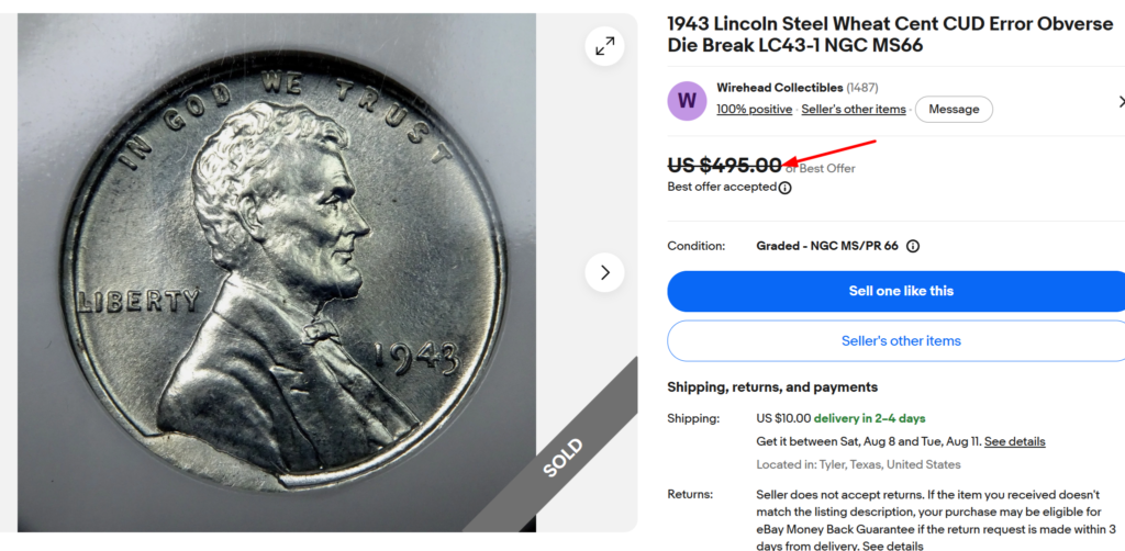 1943 Cent Cud Error