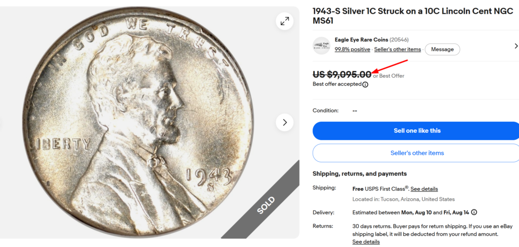 1943-S Silver 1C Struck on a 10C Cent