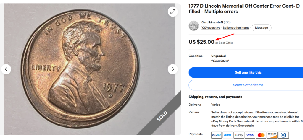 1977 D Penny Off Center Error