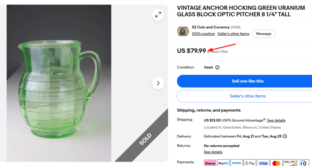 Anchor Hocking Green Block Optic Pitcher