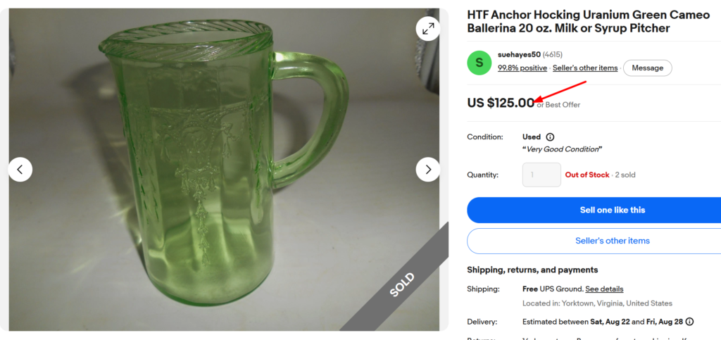 Anchor Hocking Green Cameo Ballerina pitcher