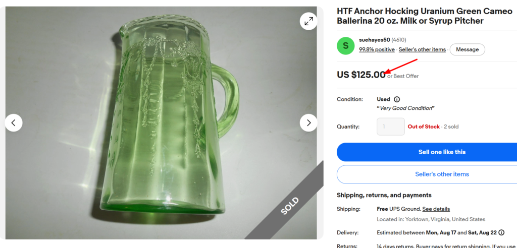 Anchor Hocking Uranium Green Cameo Pitcher